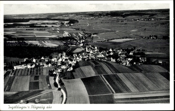Postcard Ingoldingen, aerial photograph, city panorama, fields, forest