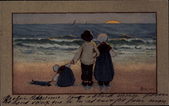 Artist Postcard Barham, S., Children on the Beach at Sunset