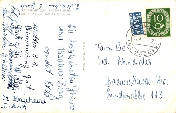 Postcard Achim Lower Saxony, Restaurant Zum Badener Berg, owner H. Pape, terrace