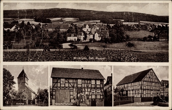 Postcard Wollrode Guxhagen in Hesse, general view, church, commercial building, school
