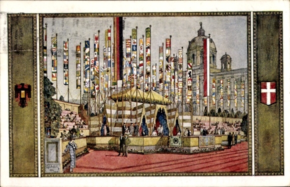 Coat of arms artist Postcard Schüle, Vienna I Innere Stadt, festival tent at Burgring, 10th German Singers' Federation Festival