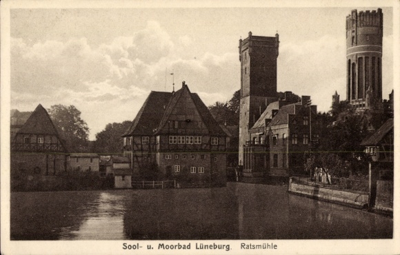 Postcard Lüneburg in Lower Saxony, Sool- and Moorbad Ratsmühle, building on the water