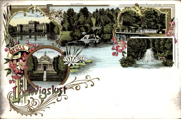 Chromo-Litho Ludwigslust in Mecklenburg, castle, church, castle garden