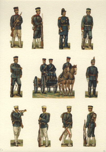 11 wafer soldiers in different uniforms, size approx. 8.5 x 8.5 cm to 8 x 2.5 cm
