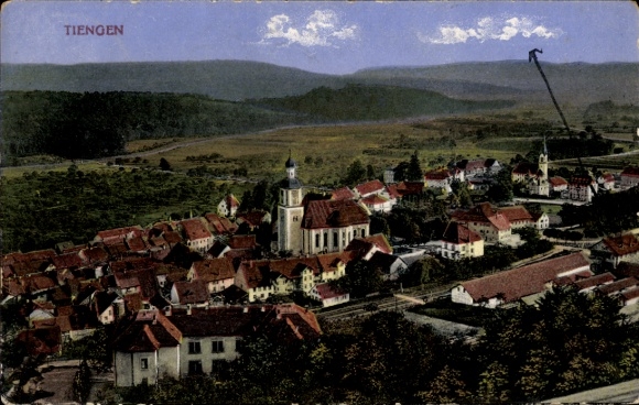 Postcard Tiengen am Oberrhein, aerial view of church, houses, landscape, mountain