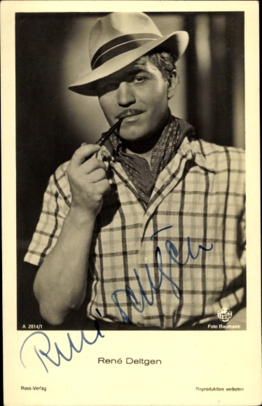 Ak Schauspieler René Deltgen, Portrait mit Pfeife, Hut, Ross Verlag A 2814 1, Autogramm