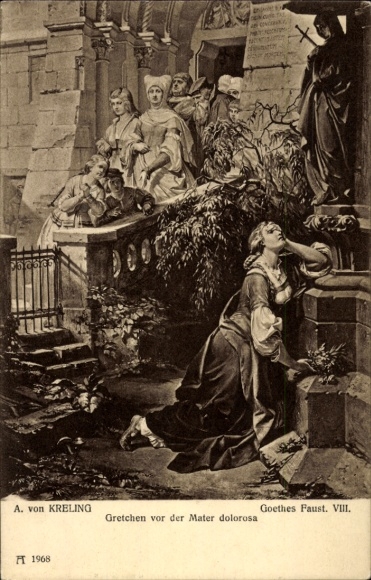 Kunstenaar Ak Kreling, Goethe's Faust, Gretchen voor de Mater Dolorosa