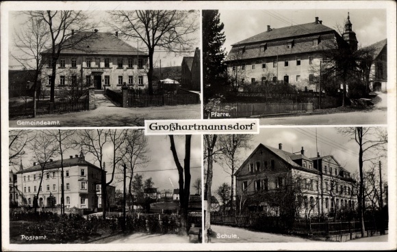 Postcard Großhartmannsdorf in the Ore Mountains, municipal office, parish, post office, school