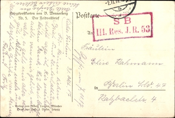 Kunstenaarskaart Wennerberg, Bruno, De veldpostbrief, vrouw, postbode