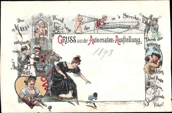 Chromo-Litho greeting from the automat exhibition, kissing couple