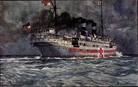 Kunstenaarskaart Diemer, Zeno, Duits hospitaalschip, verpleging in de oorlog, I. WW
