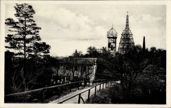 Postcard Pulsnitz Saxony, Bergbaude Keulenberg, clouds, trees, observation tower, path