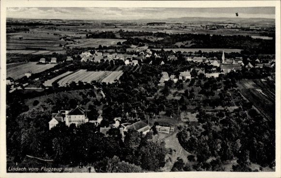 Postcard Lindach Eberbach am Neckar, aerial view of fields, trees, residential buildings