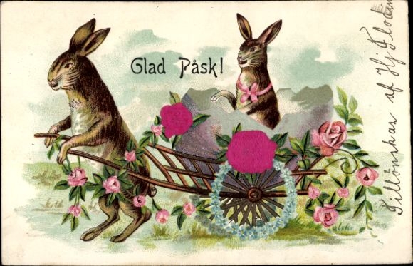 Fabric Embossing Chromo-Litho Congratulations Easter, Easter Bunny, Flowers, Eggshell