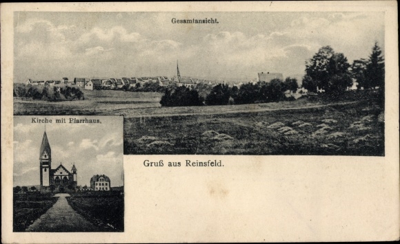 Postcard Reinsfeld im Hunsrück, church, vicarage, total view