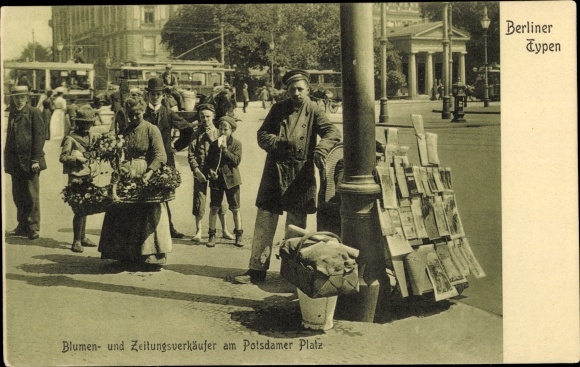 Postcard Berlin Tiergarten, flower and newspaper seller at Potsdamer Platz