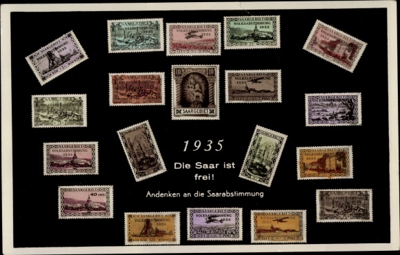 Postzegels ansichtkaart De Saar is gratis, aandenken aan de Saarstemming in 1935