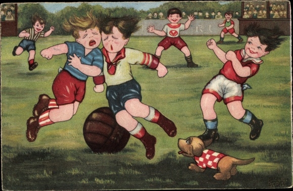 Artist PC Boriss, M., football game, collision, dog, viewers