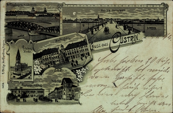 Moonlight Chromo-Litho Kostrzyn nad Odrą Cüstrin Ostbrandenburg, Friedenskirche, Schlosskaserne