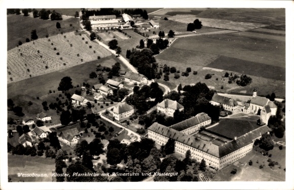 Postcard Wessobrunn in Upper Bavaria, aerial view of the monastery, parish church, Roman tower, monastery estate