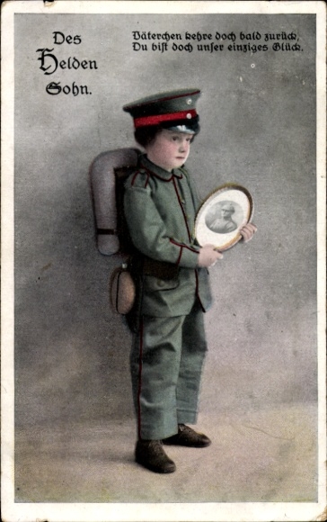 Postcard Child in military uniform, The hero's son, may father return soon...