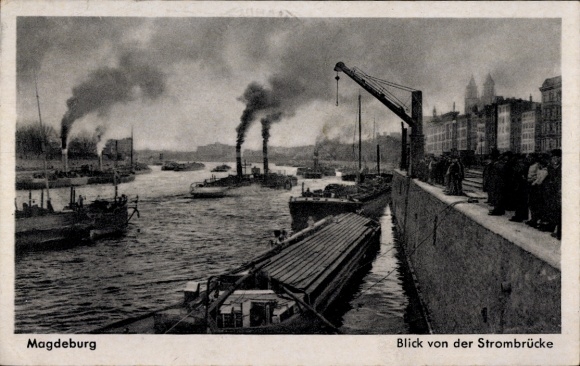 Postcard Magdeburg on the Elbe, view from the Strombrücke, steamer