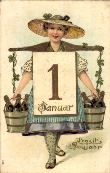 Embossed PC Happy New Year, woman with shoulder yoke carrying champagne bottles, calendar