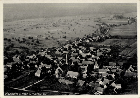 Postcard Hartheim am Rhein, aerial photograph, residential buildings, rural surroundings, airplane perspective