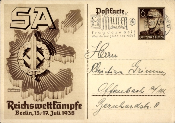 Postal stationery artist Postcard Axster Heudtlaß, SA Reichswettbewerbe Berlin 1938