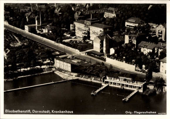 Postcard Darmstadt in Hesse, aerial photograph of the Elisabethenstift, hospital, water view
