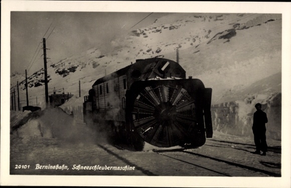 Postcard Bernina Railway, snow blower