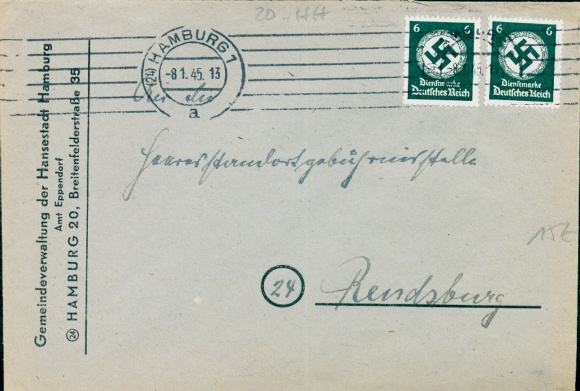 (24) Hamburg 1 / a / 08.01.1945 Brief mit 2 x 6 Pf Dienstmarke