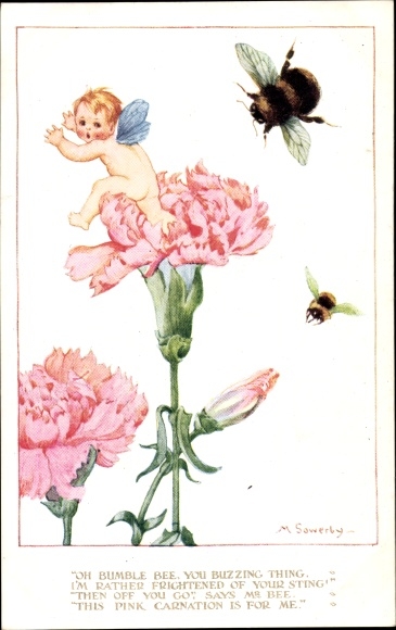 Artist PC Sowerby, M., Elf vlucht voor een hommel, anjers