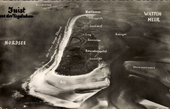 Postcard North Sea resort Juist in East Frisia, aerial view of the North Sea, Kalfamer, jetty, nature conservation area