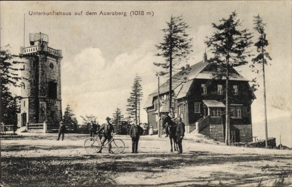 Postcard Wildenthal Eibenstock in the Ore Mountains, Auersberg, accommodation, mountain, people, bicycle, forest