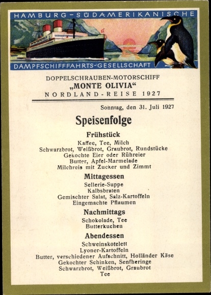 Postcard HSDG twin screw motor ship Monte Olivia, Nordland voyage 1927, sequence of courses, penguins