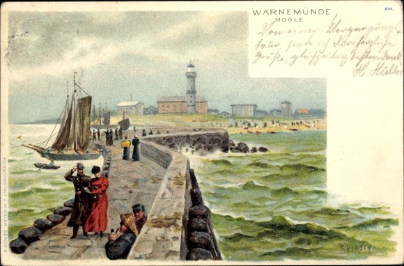 Künstler Litho Hirsch, H., Warnemünde Rostock in Mecklenburg, Partie an der Mole, Leuchtturm
