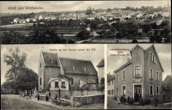 Ansichtkaart Wolfsheim in Rheinhessen, winkel, kerk, totaaloverzicht