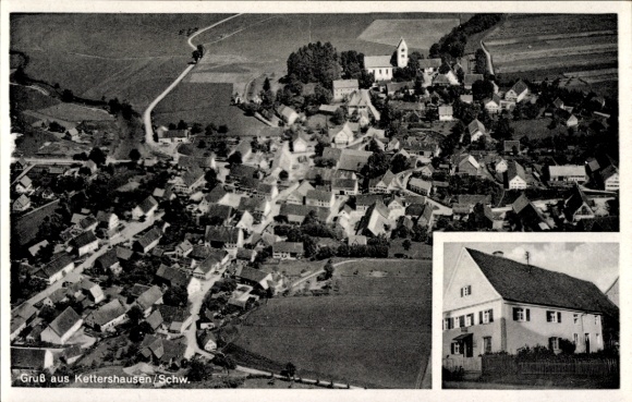 Postcard Kettershausen in Swabia, aerial view of village with church, photo insert