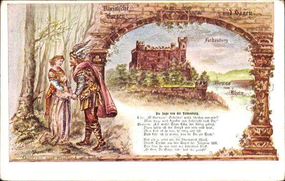 Postcard Trechtingshausen am Rhein, Reichenstein Castle, Falkenburg, Guntram and Solba