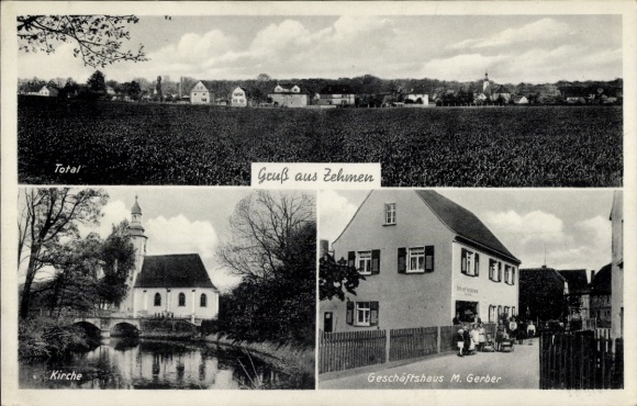 Postcard Zehmen Espenhain Saxony, church, commercial building M. Gerber