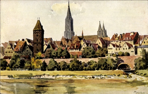 Artist Postcard Marschall, J., Ulm on the Danube, View of the City