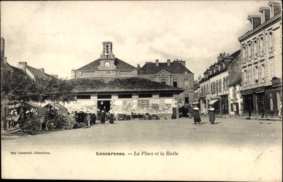 Postcard Concarneau Finistère, market square, hall, architecture, people, wagon