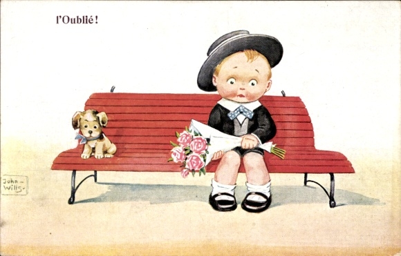 Artist Postcard Wills, John, Boy with Bouquet on a Bench, Dog