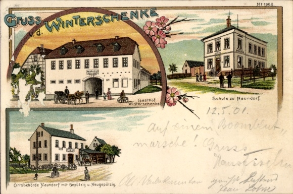 Litho Naundorf Erlau Landkreis Mittelsachen, Gasthof Winterschenke, Schule, Ortsbehörde