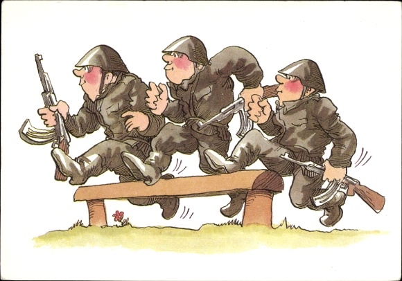 Artist Postcard Muzeniek, Peter, NVA soldiers, hurdle race with rifles