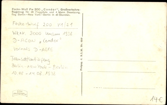 Postcard large passenger aircraft Focke Wulf Fw 200 Condor, D-ACON, D-AERE, Lufthansa