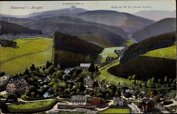 Postcard Blauenthal Eibenstock in the Ore Mountains, panorama, Auersberg, valley of the big Bockau