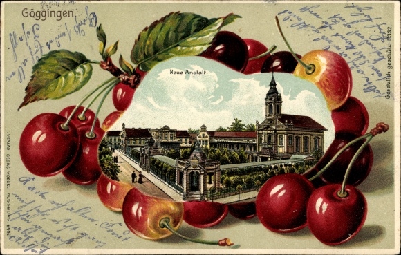 Embossed passepartout Chromo-Litho Göggingen Augsburg in Swabia, Neue Anstalt, cherries