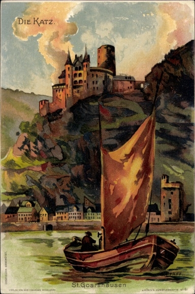 Kunstenaar litho Sankt Goarshausen am Rhein, kasteel Katz